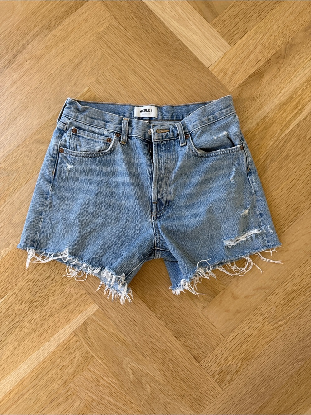 Agolde Light Blue Parker Long Frayed Hem Denim Cutoff Shorts